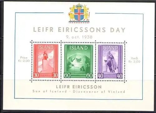 1938 ISLAND, Leifr Eiricsson Day - Leifr Eiricssons Day, BF 2, MNH **