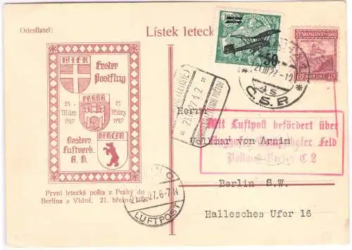 1927 TSCHECHOSLOWAKEI, ERSTFLUG PRAHA-BERLIN SONDERCARTE - Sonderkarte I. FlugDLH/CSA