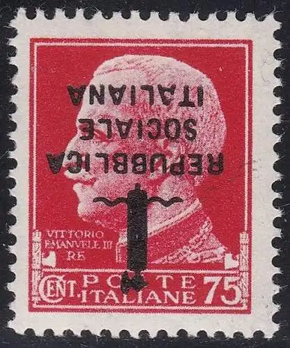 1944 RSI, Nr. 494a 75 Cent. carminio MNH/** UMGEDREHTER AUFDRUCK