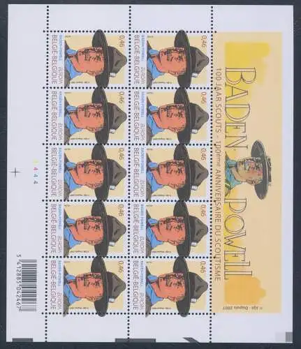 2007 EUROPA CEPT, Belgien, 1 Kleinbogen mit 10 Serien, 100 Jahre Pfadfinderschaft, postfrisch **