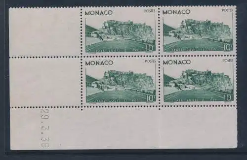 1939 MONACO, Nr. 184, Einweihung des Stadions Louis II., 10 Franken grün, prächtiges Viertel mit Tafelnummer, postfrisch **