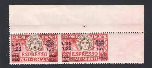 1927 Somalia, Espressi, Nr. 7e, Lire 1,25 von 30 Küssen, rotbraun paarweise ungezähnt in der Mitte und rechts, postfrisch ** Blattwinkel!!!