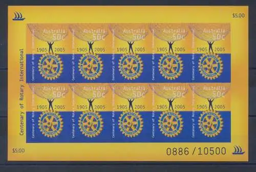 2005 AUSTRALIEN, Hundertjahrfeier Rotary International, ungezähnter Kleinbogen 10 Werte, Auflage 10.500 Exemplare - postfrisch **