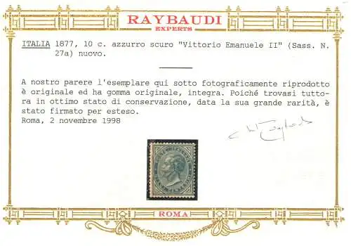 1877 Königreich Italien - 10 Cent hellblau, Nr. 27a, Bildnis von Vittorio Emanuele II, MNH**, Raybaudi Expertise Certificate for Grani Rarità