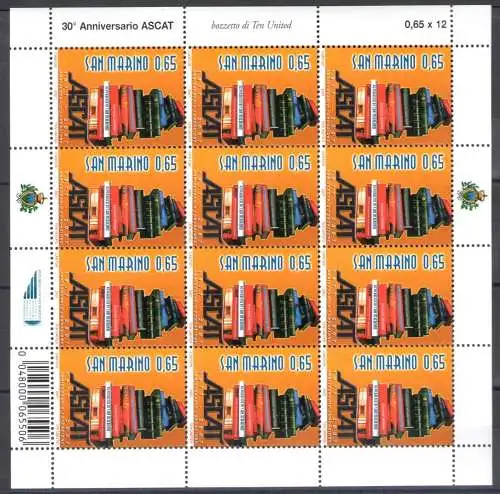 2007 San Marino, Ascat, Nr. 2150 - Kleinbogen 10 Werte mit Barcode, postfrisch** - Selten