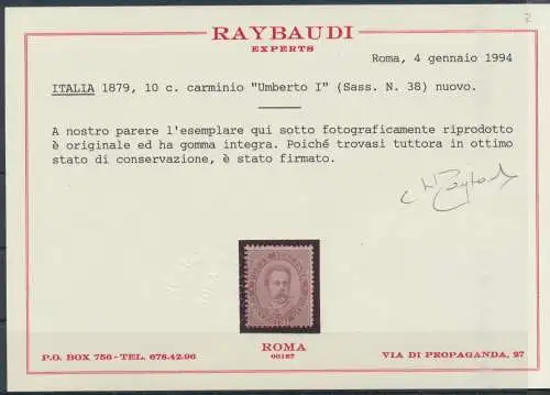 1879 Italien - Königreich, Nr. 38, Umberto I - 10 Cent Karmin, MNH** - Raybaudi Zertifikat