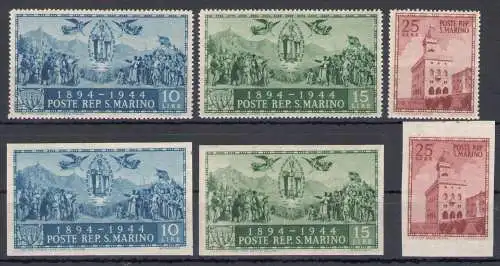 1945 San Marino - Nr. 278A- 278C + 278D-278F - Regierungspalast - 6 Werte (3 gezahnt + 3 ungezahnt) postfrisch **