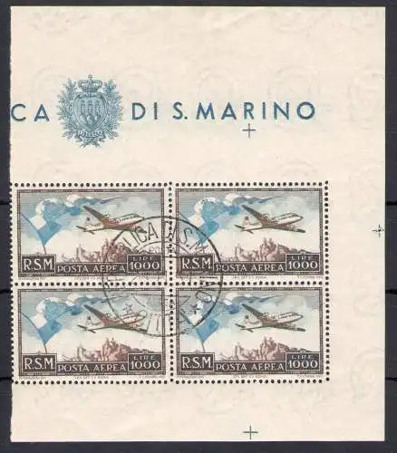 1951 SAN MARINO Luftpost 'Flagge' - Viererblock - 28.11.1951 - Sächsischer Katalog Nr. 99 - Zertifikat Enzo Diena Selten