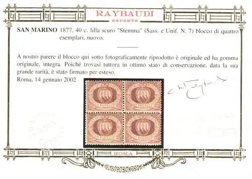 1877 San Marino, Sächsischer Katalog Nr. 7, 40 Dunkelflieder - Viererblock - Dezente Zentrierung - MNH** - Raybaudi Gold Zertifikat - Große Rarität