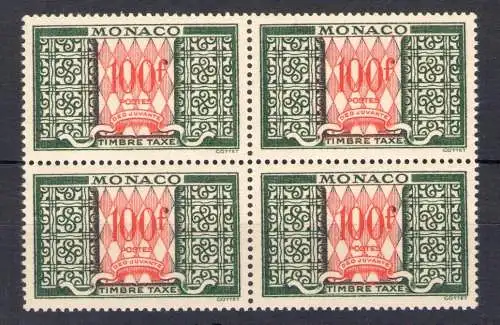 1946-57 MONACO, Steuern Nr. 39 - 100 Franken und rot - Viererblock - postfrisch **