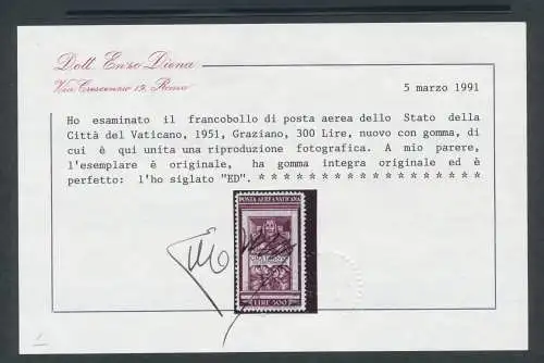 1951 Vatikan, Luftpost, Monaco Graziano, postfrisch ** Zertifikat Diena