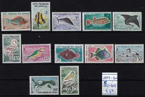 1959-60 Cote Francaise des Somalis - Katalog Yvert Nr. 292/303 - Fische und Vögel - 12 Werte - postfrisch **