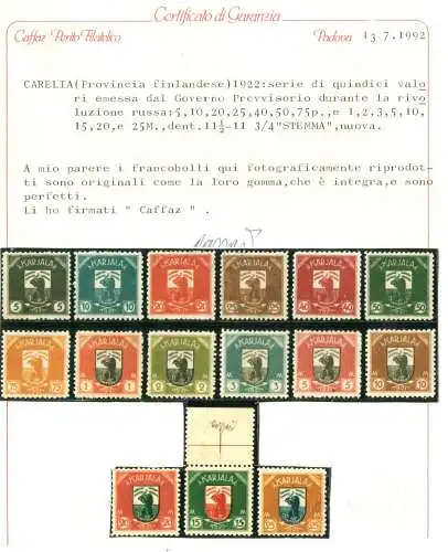 1922 Karjala Finnland - Nr. 1-15, Serie von 15 Werten, herausgegeben von der Provisorischen Regierung während der Russischen Revolution - postfrisch **