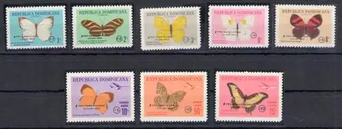 1966 Dominikanische Republik - Yvert Katalog Nr. 643/47 + Luftpost 187/89 - Schmetterlinge - Aufdruck Opfer Zyklon Ines - 8 Werte - postfrisch **