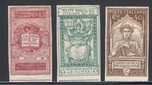 1921 Italien Königreich, Nr. 116f/118f, Dante Alighieri, Non Dentellati - MH*