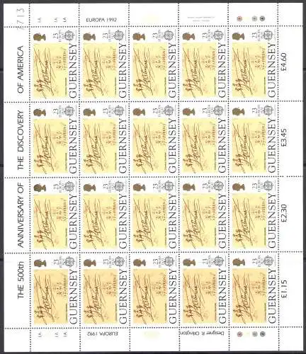 1992 EUROPA CEPT Guernsey 4 Minifogles - MNH **