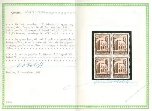 1933 SAN MARINO, Nr. 176/179 SPLENDIDE QUARTINE MNH/** Cert. Bolaffi