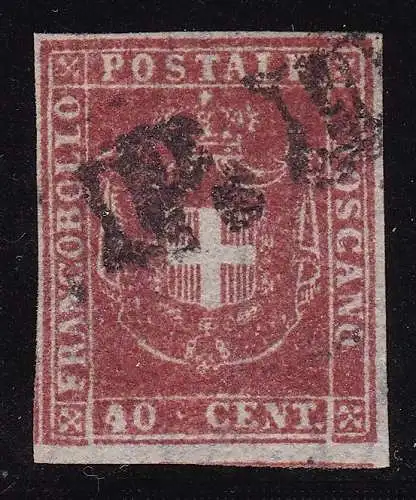 1860 TOSKANA, Nr. 21a 40 Cent. scharlachroter Karmin GEBRAUCHT Signatur Bolaffi/AD