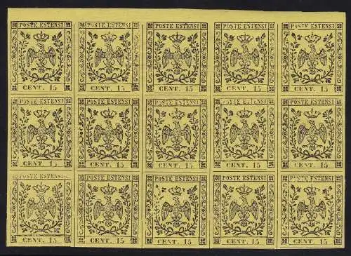 1852 MODENA, Nr. 3a 15 Cent. lebendiggelb 11**/4* BLOCK VON 15 Bolaffi Zertifikat