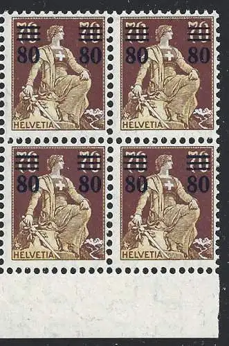 1915 SCHWEIZ - Nr. 148, 80 auf 70 c., MNH** - QUARTINA