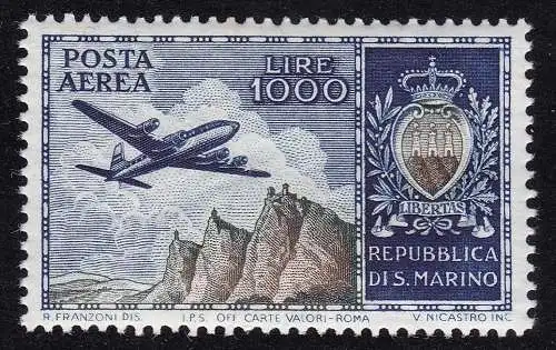 1954 San Marino, Luftpost Nr. 112, 1000 Lire blau und lila - postfrisch **