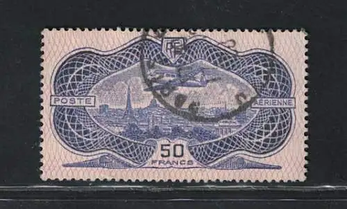 1936 FRANKREICH - Luftpost, Nr. 15, 50 Francs, Burelè, Flugzeug über Paris, gebraucht