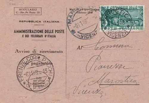 1948 Ponte di Bassano, Nr. 592 15 Lire isoliert auf Empfangsbestätigung