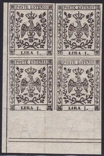 1852 MODENA, Nr. 11 1 weiße Lira MNH / ** QUARTINA Signatur Bolaffi / A.Diena