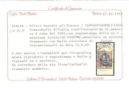 1908 Levante Konstantinopel 5 Lire Azzurro e Rosa Nr. 14 GEBRAUCHT Cert Caffaz