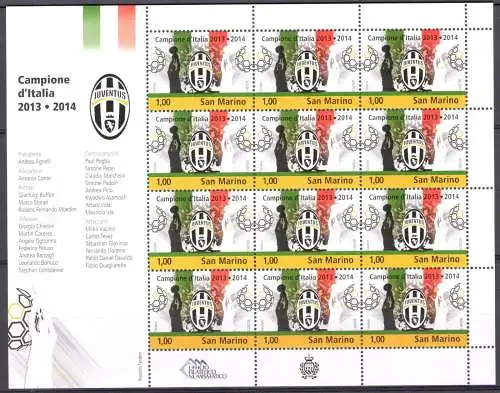 2014 San Marino, Juventus Campione d'Italia 2013-2014 Minifoglio 12v MNH **