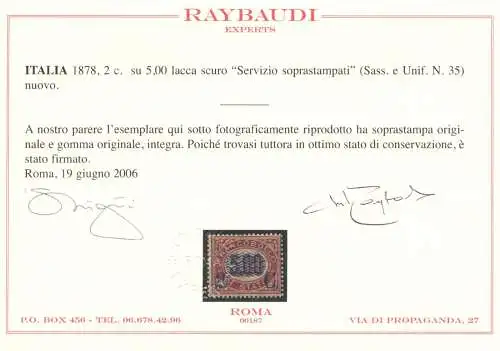 1878 Italien - Königreich, Nr. 35 Dienst überdruckt MNH ** - Raybaudi Zertifikat