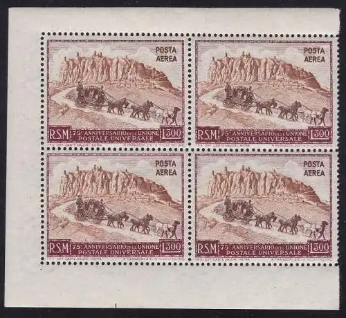 1951 SAN MARINO, PA Nr. 95 UPU 300 Lire braun-rot und braun MNH / ** QUARTINA