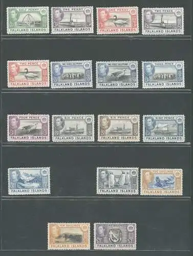 1938-50 FALKLANDINSELN - SG 146/163 Georg VI. Ansichten und Tiere, 17 Werte, MLH* (Nr. 34a)