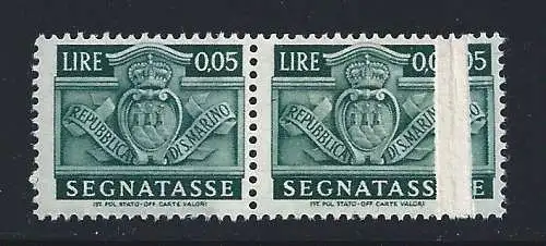 1945 SAN MARINO, Segnatasse n. 65d 5c. hellblau grün MNH/** Papier zusammengefügt