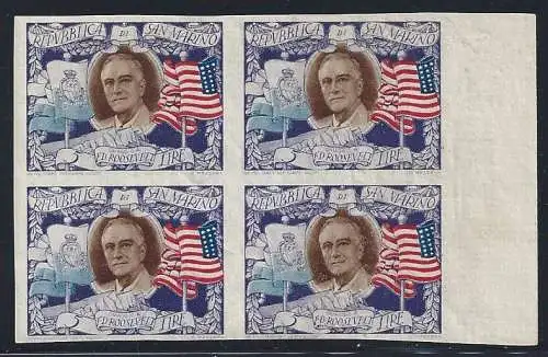 1947 SAN MARINO, Nr. 303b Präsident Roosevelt MNH/** VIERTELBLATTRAND