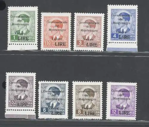 1942 Montenegro, n. 40/47 Serie mit 8 Werten (nicht vollständig) - MNH ** Abkürzung - signiert A.Diena (1,50 rote Dinar)