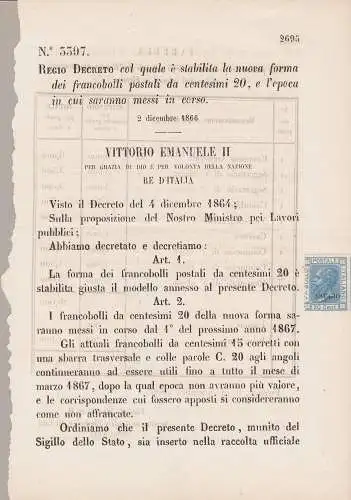 1867 - Vitt Em. II 20 c hellblau Nr. 26T ESSAY über Königliches Dekret