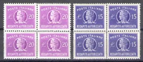 1949 REPUBLIK Autorisierte Zustellung Kleinformat 15 und 20 Lire Wasserzeichen Rad Nr. 10/11 MNH** QUARTINA