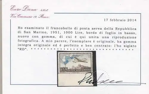 1951 SAN MARINO, PA Nr. 99, 'Flagge', MNH**, Zertifikat Diena