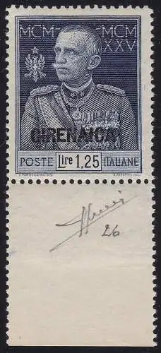 1926 CIRENAICA, Nr. 26 Jubiläum des Königs, Lire 1,25 hellblau, MNH **, Bogenrand signiert Sorani, LUXUS