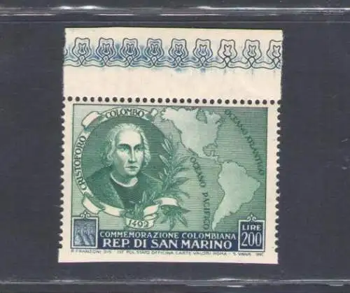 1952 San Marino, Colombo 200 Lire ungezähnt min niedrig, MNH ** (gefaltet)