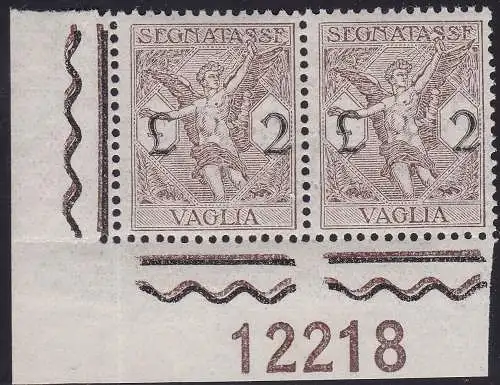 1924 Italien - Königreich, Steuermarken für Vaglia Nr. 5 MNH / ** SELTENES ZENTRIERTES PAAR MIT TISCHNUMMER