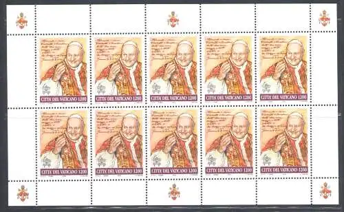 2000 Vatikan 1 Kleinbogen mit 10 Werten, Papst Johannes XIII Nr. MF 1218 - POSTFRISCH **