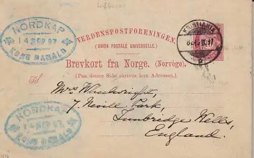 1897 NORWEGEN, Postkarte mit blauem Motorschiffstempel 'Kong Harald'