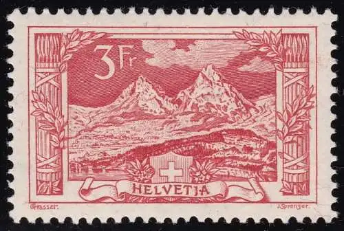 1918 SCHWEIZ, Nr. 167 Monti Miten, 3 Franken rot postfrisch** - Bolaffi Zertifikat