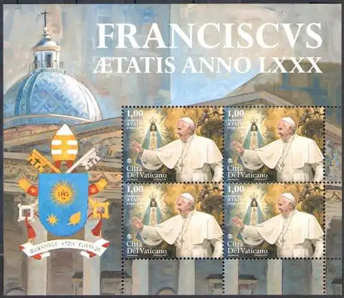 2016 Vatikan, 80. Geburtstag von Papst Franziskus, Nr. 1753 Kleinbogen mit 4 Werten postfrisch **