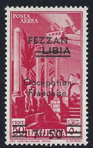 1943 FEZZAN - Luftpost Nr. 2e - Pittorica 7 Fr. 50 auf 50c. carminio MNH**