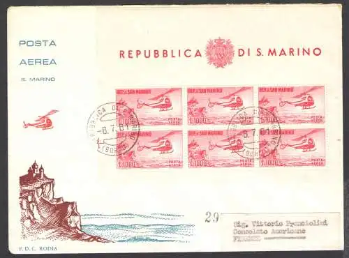 1961 SAN MARINO, Umschlag Rhodos, Luftpost Blatt 1.000 Lire Hubschrauber, f 6.7.1961 von San Marino Borgo nach Florenz