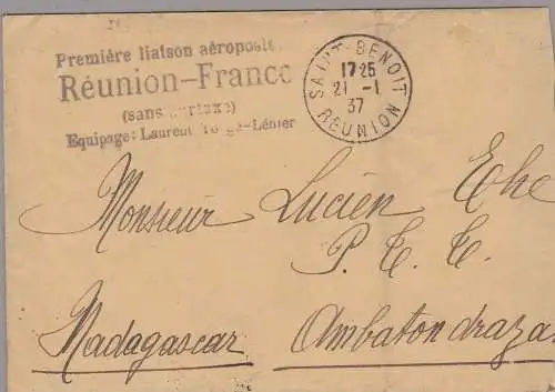 1937 REUNION, Yvert PA Nr. 1 Post mit Zwischenstopps bei der Abfahrt von Réunion CS auf 4 Linien Firma E. Diena