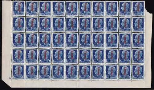 1944 RSI, Nr. 495 Lire 1,25 hellblau MNH / ** BLOCK VON 50 MIT TISCHNUMMER